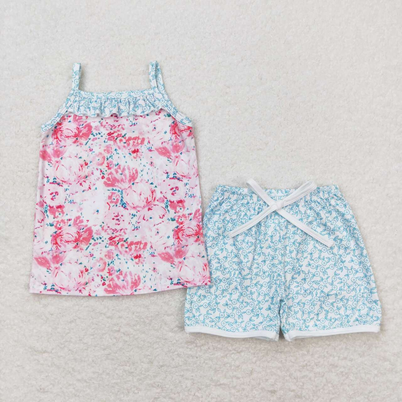 Baby Girls Sleeveless Tops Floral Blue Shorts Summer Set