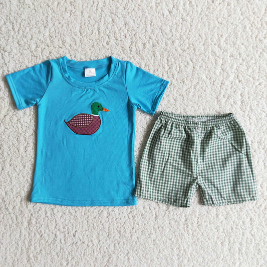 Promotion Baby Boy Blue Short Sleeves Embroidery Duck Shirt Plaid Shorts Set