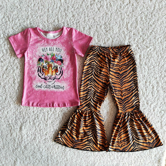 Promotion Baby Girl Short Sleeves Tiger Floral Shirt Bell Pants Outfit