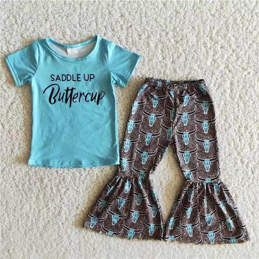 Promotion B11-2 Baby Girl Saddle Up Buttercup Shirt Cow Print Bell Pants Western Sets