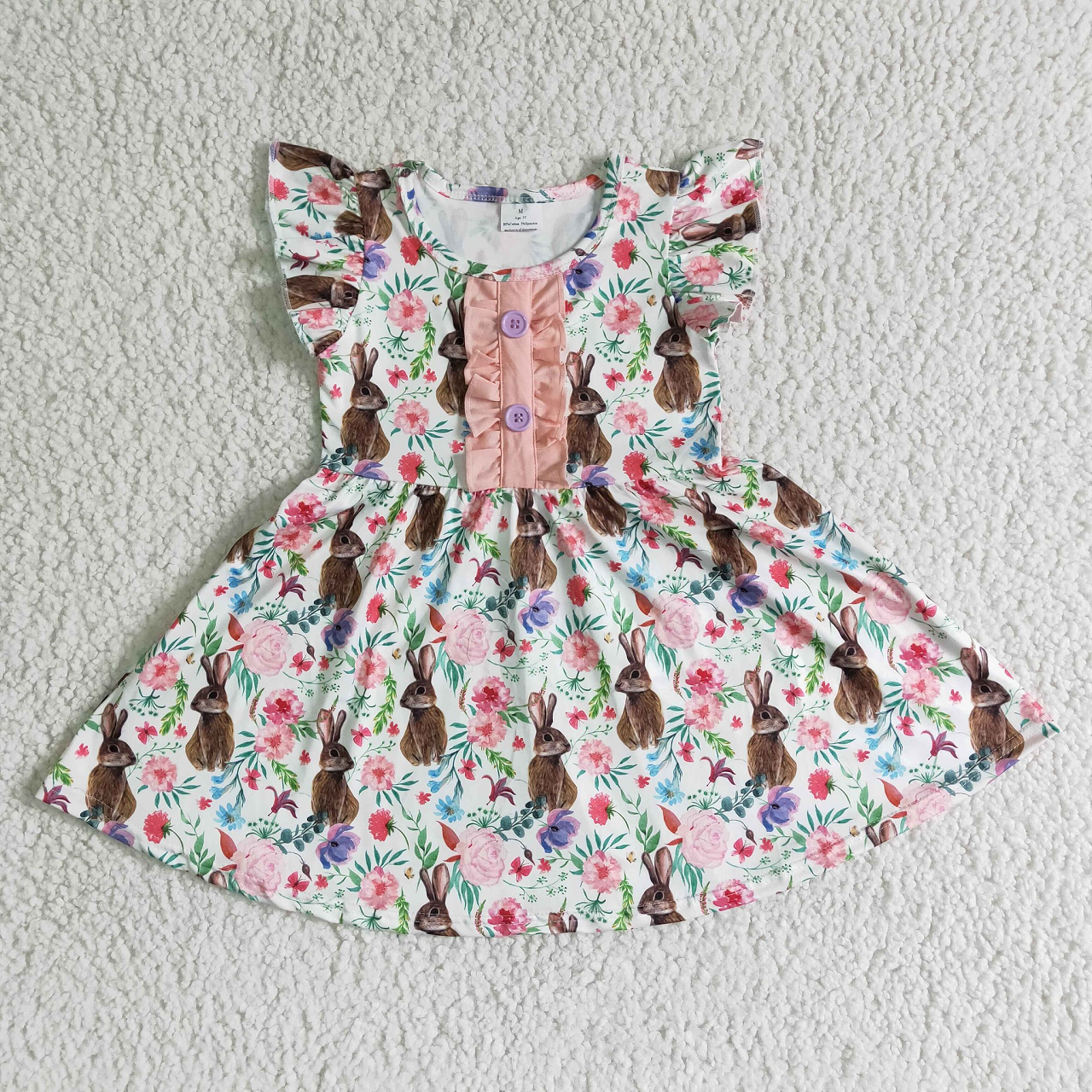 Promotion B11-30 Baby Girl Short Sleeves Easter Rabbit Floral Dress