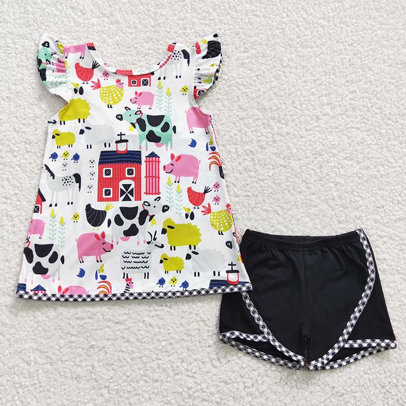 Promotion Baby Girl Summer Farm Plaid Bow Short Sleeves Cotton Shorts Outfit