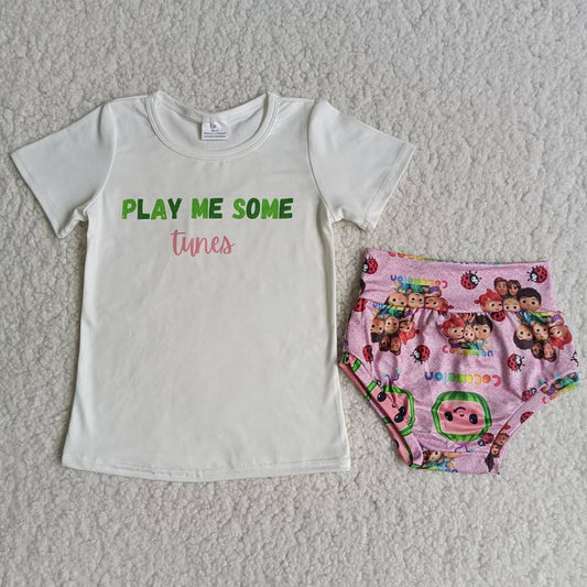 Promotion Baby Girl Short Sleeves Cartoon Melon Shirt Bummies Shorts Set