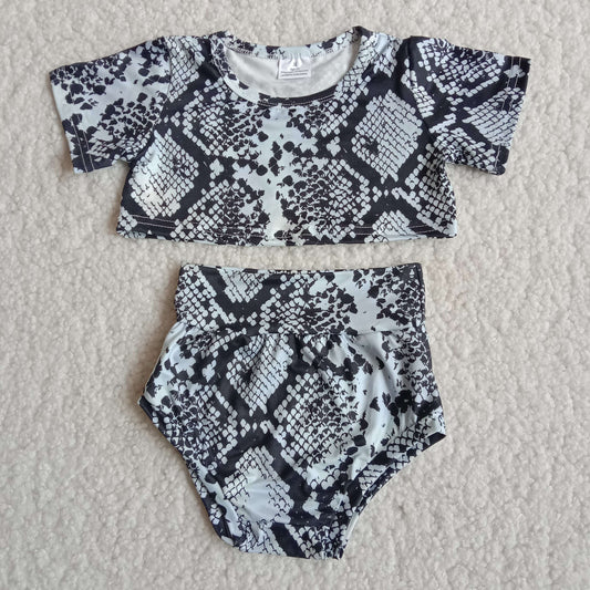 Promotion Baby Girl Short Sleeves Snake Pattern Shirt Bummies Shorts Set