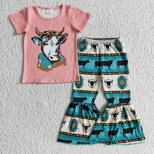 Promotion B12-15 Baby Girl Short Sleeves Cow Shirt Bell Pants Western Set