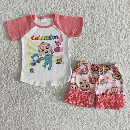 Promotion Baby Girl Summer Cartoon Shirt Pink Ruffle Shorts Set