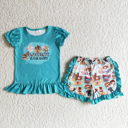 Promotion Baby Girl Summer Cartoon Balloon Shirt Ruffle Shorts Outfit