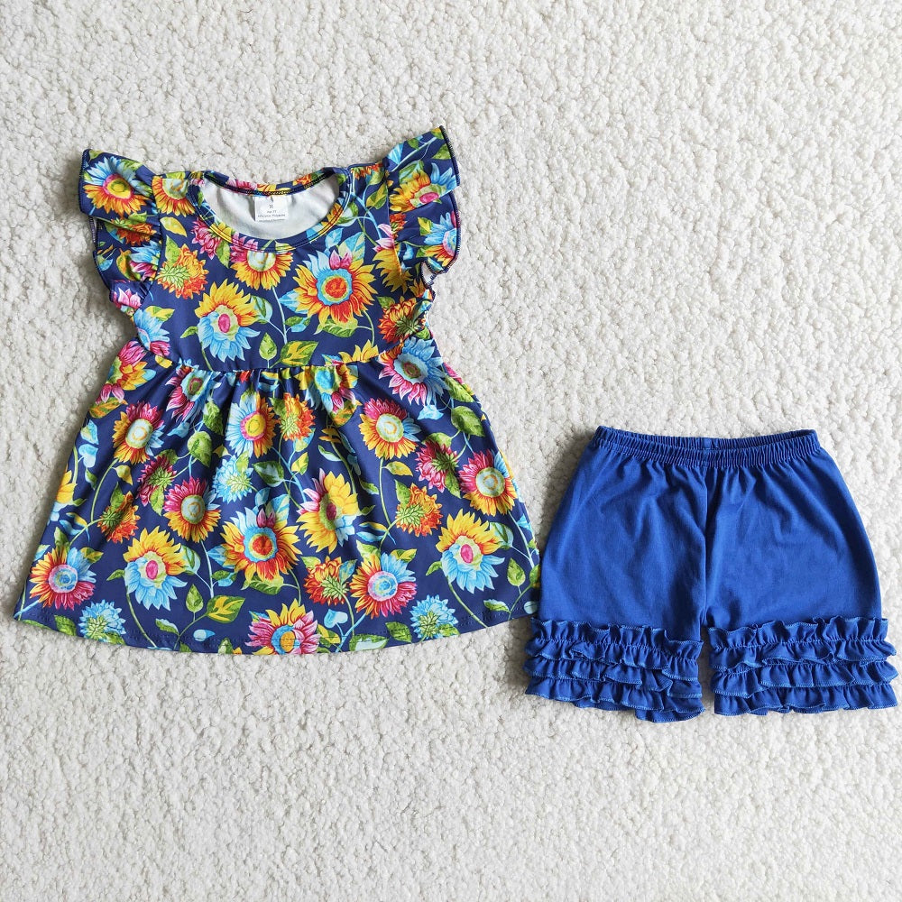 Promotion Baby Girl Summer Sunflower Tunic Blue Ruffle Shorts Outfit