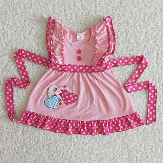 Promotion Baby Girl Embroider Floral Hearts Valentine's Short Sleeves Pink Dress RTS