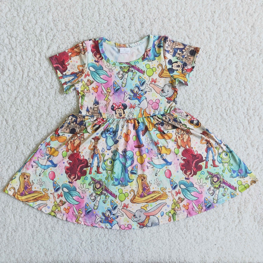 Promotion B13-16 Baby Girl Summer Short Sleeve Cartoon Twirl Dress