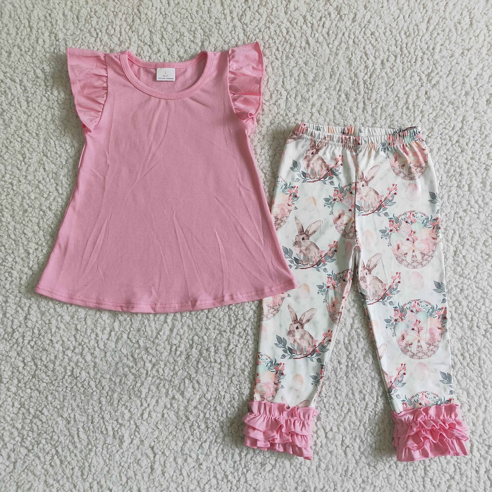 Promotion B13-28 Easter Baby Girl Pink Tops Rabbit Eggs Floral Pants Set