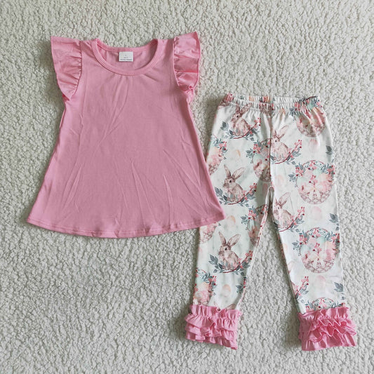 Promotion B13-28 Easter Baby Girl Pink Tops Rabbit Eggs Floral Pants Set