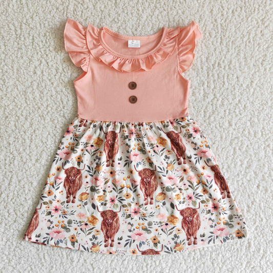 Promotion B13-30 Baby Girl Summer Short Sleeve Western Cow Floral Dress