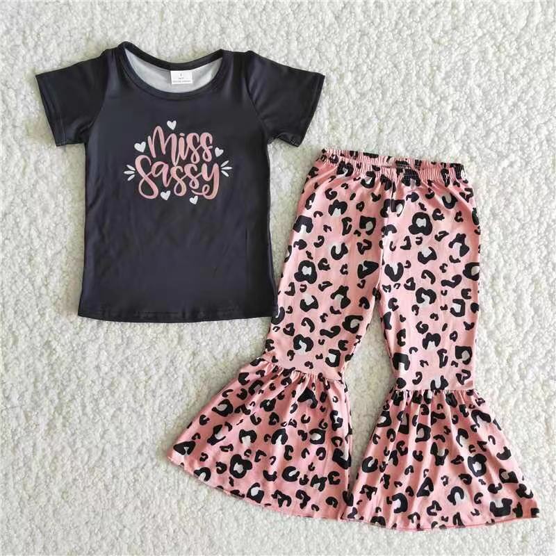 Promotion B14-14 Baby Girl Miss Sassy Shirt Leopard Bell Pants Outfit