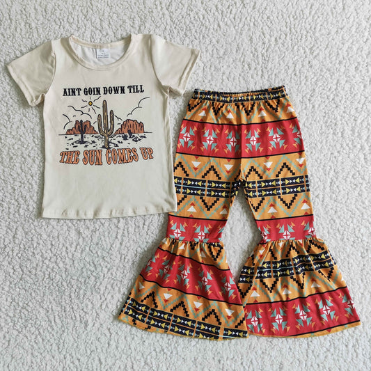 Promotion B14-28 Baby Girl Western Cactus Shirt Bell Pants Set