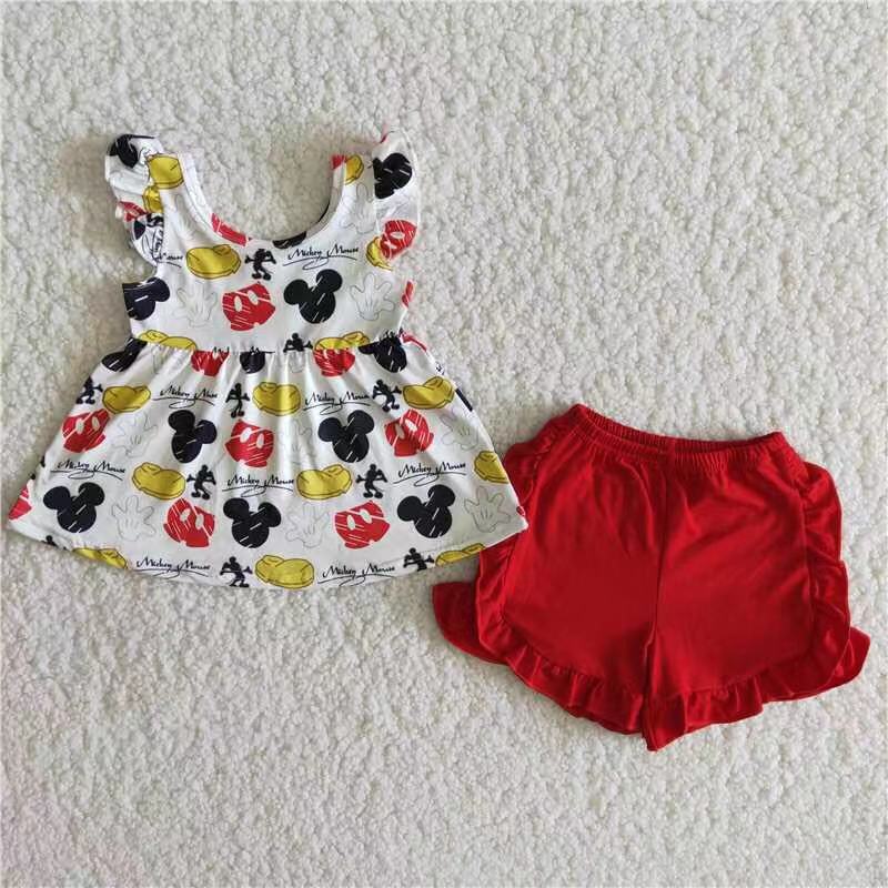 Promotion Baby Girl Summer Mouse Tunic Red Ruffle Shorts Cartoon Outfit