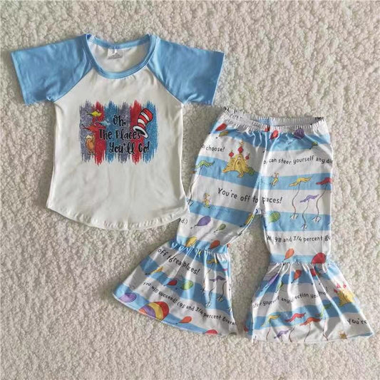 Promotion B15-3 Baby Girl Blue Short Sleeves Shirt Bell Pants Dr Reading Set