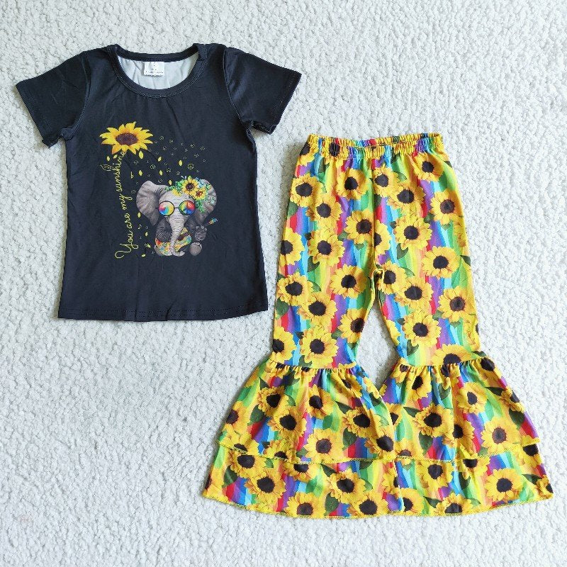 Promotion B16-10 Baby Girl Short Sleeves Elephant Shirt Sunflower Bell Pants Outfit