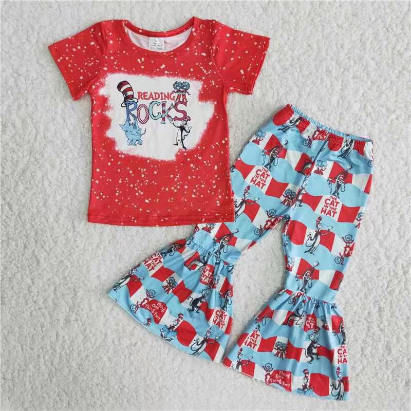 Promotion B16-12 Baby Girl Short Sleeves Shirt Bell Pants Dr Reading Set