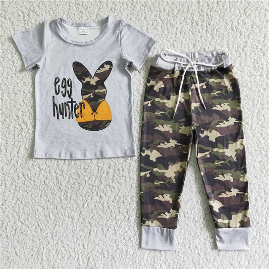 Promotion B16-23 Baby Boy Short Sleeves Easter Rabbit Shirt Camo Pants Set