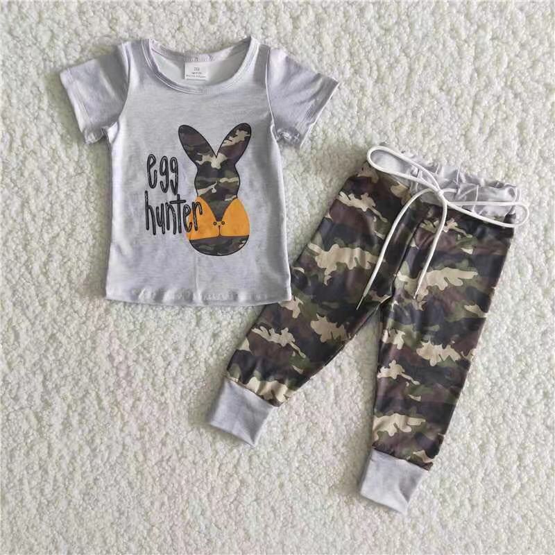 Promotion Baby Boy Short Sleeves Easter Rabbit Shirt Camo Pants Set RTS