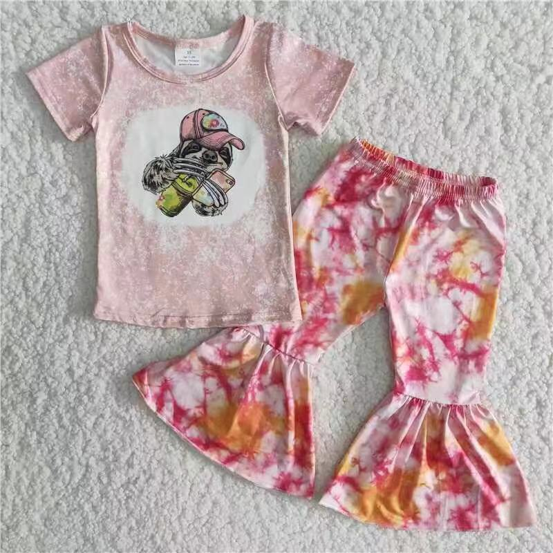 Promotion B16-24 Baby Girl Short Sleeves Shirt Tie Dye Bell Pants Outfit