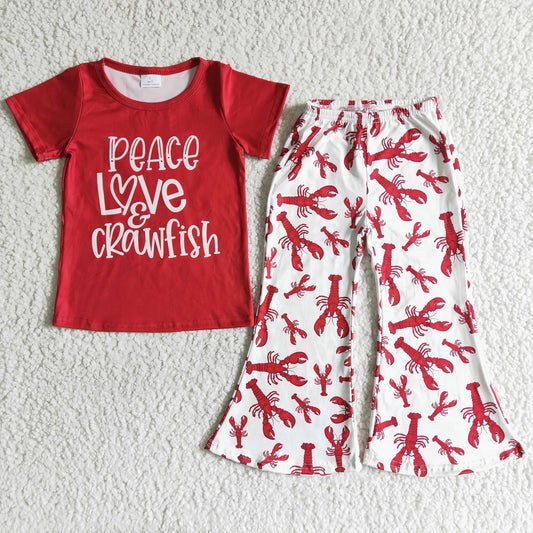 Promotion B16-25 Baby Girl Red Short Sleeves Shirt Crawfish Pants Set