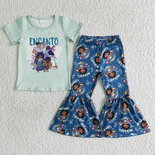 Promotion Baby Girl Green Short Sleeves Shirt Bell Pants Cartoon Set