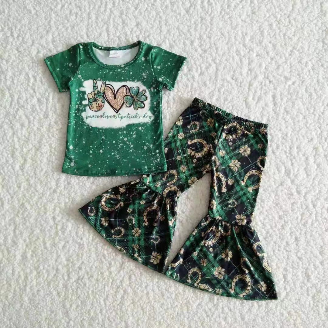 Promotion B17-11 Baby Girl Peace love St. Patrick's Day Bell Pants Green Set