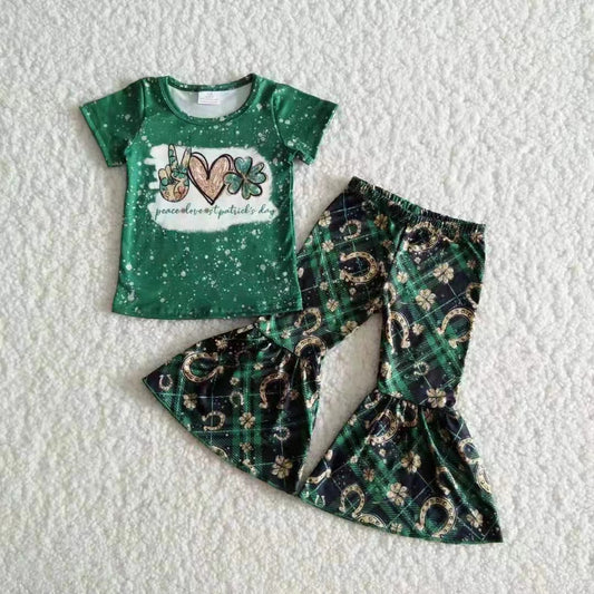 Promotion Baby Girl Short Sleeves Shirt St. Patrick's Day Bell Pants Green Set