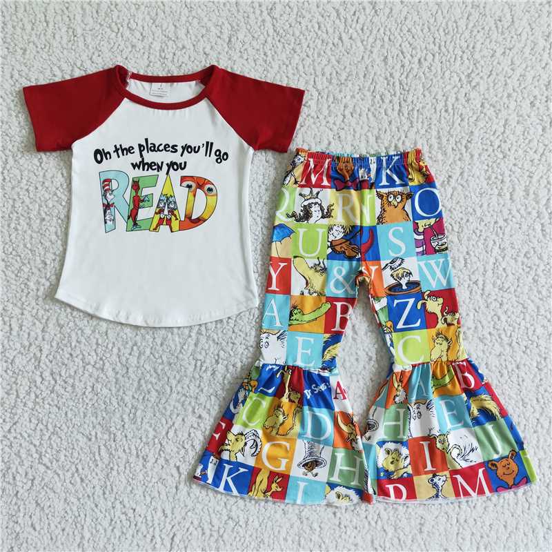 Promotion B17-16 Baby Girl Short Sleeves Shirt Bell Pants Dr Reading Outfit