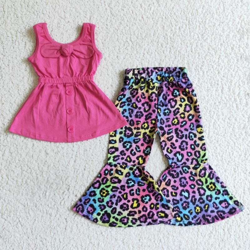 Promotion Baby Girl Sleeveless Pink Cotton Tunic Leopard Bell Pants Set