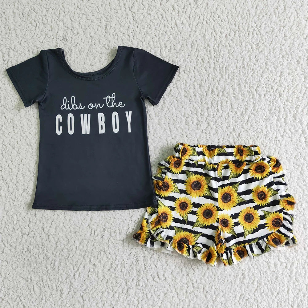 Promotion B17-23 Baby Girl Summer Short Sleeves Cowboy Shirt Sunflower Shorts Outfit