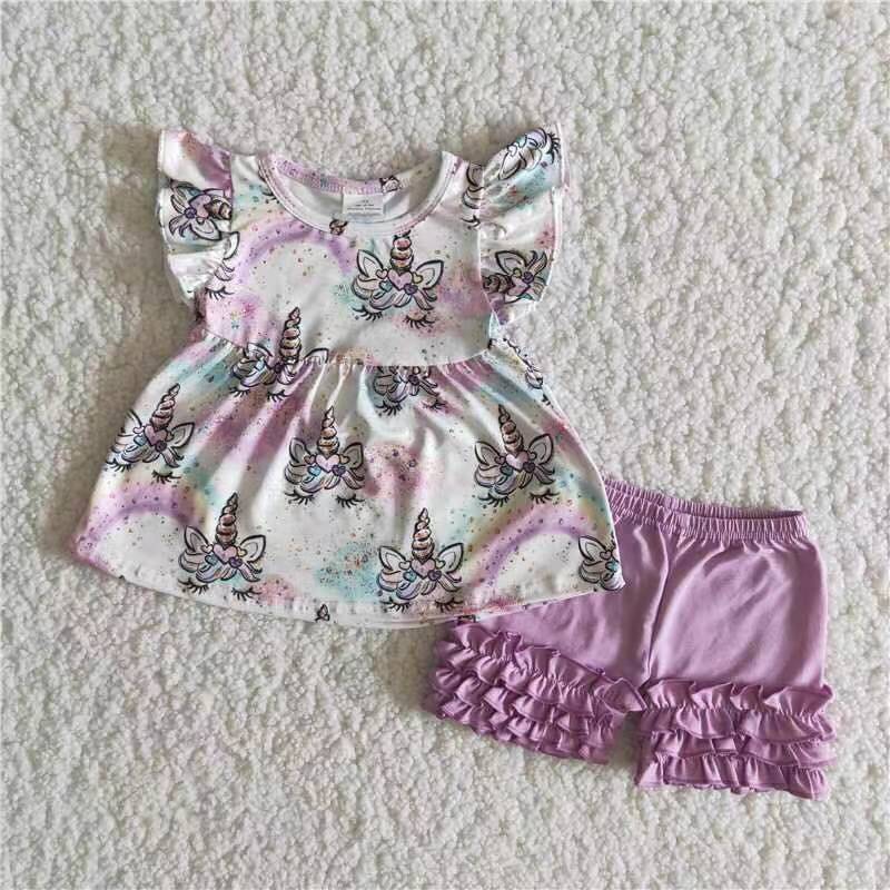 Promotion Baby Girl Summer Short Sleeves Unicorn Shirt Purple Ruffle Shorts Outfit