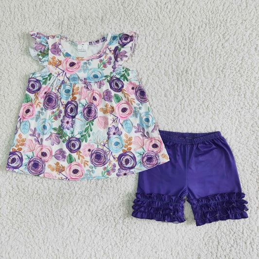 Promotion Baby Girl Short Sleeves Flower Tunic Purple Ruffle Shorts Set RTS