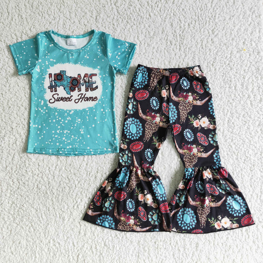 Promotion Baby Girl Short Sleeve Bell Pants Western Cow Outfit