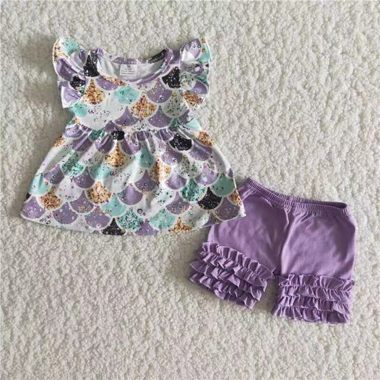 Promotion Baby Girl Summer Short Sleeves Shirt Purple Ruffle Shorts Outfit