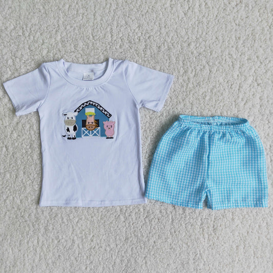 Promotion Baby Boy Short Sleeves Embroidery Farm Shirt Blue Plaid Shorts Set