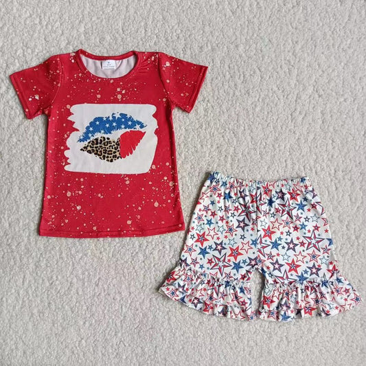 Promotion Baby Girl Summer July 4th Red Shirt Stars Ruffle Shorts Set