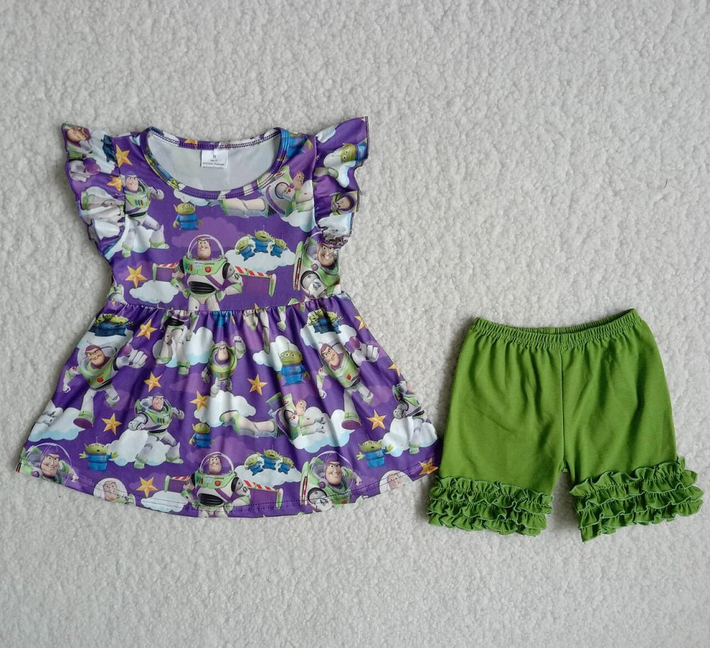 Promotion Baby Girl Summer Short Sleeves Toy Tunic Green Ruffle Shorts Outfit