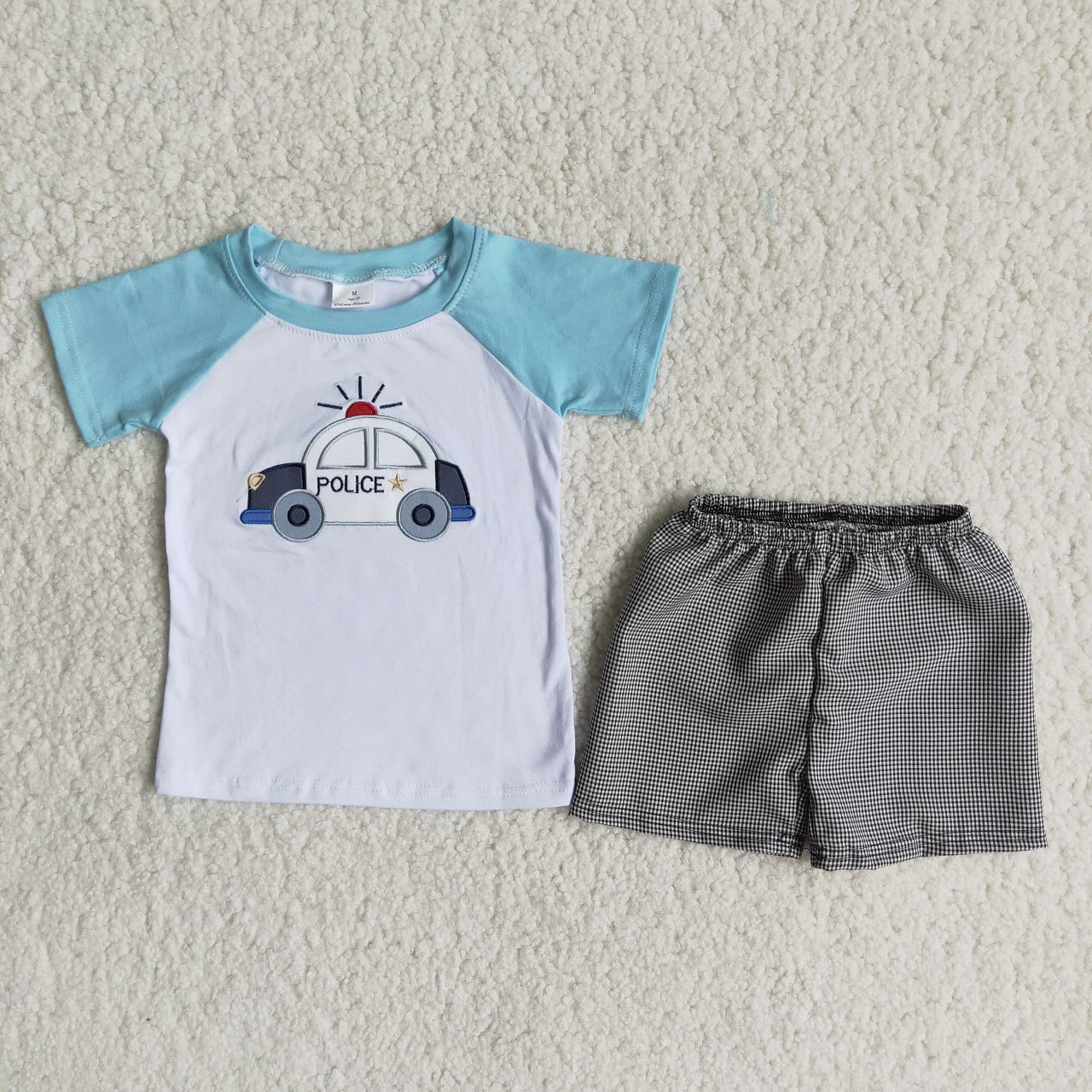 Promotion Baby Boy Blue Short Sleeves Embroidery Car Shirt Shorts Set