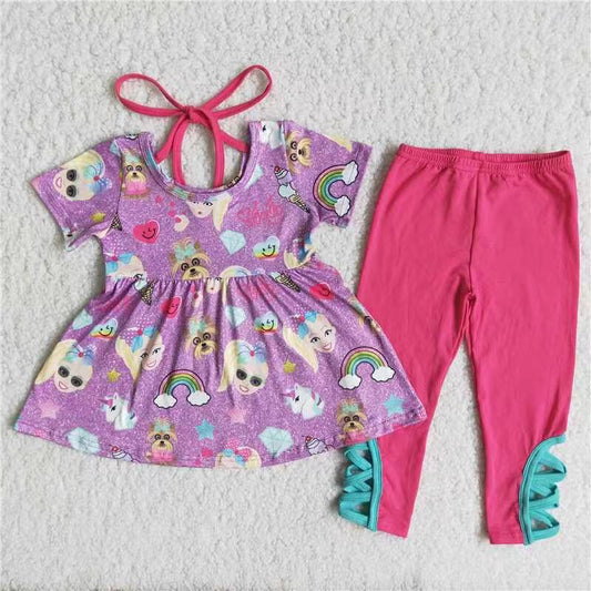 Promotion Baby Girl Short Sleeves Purple Tops Pink Pants Set