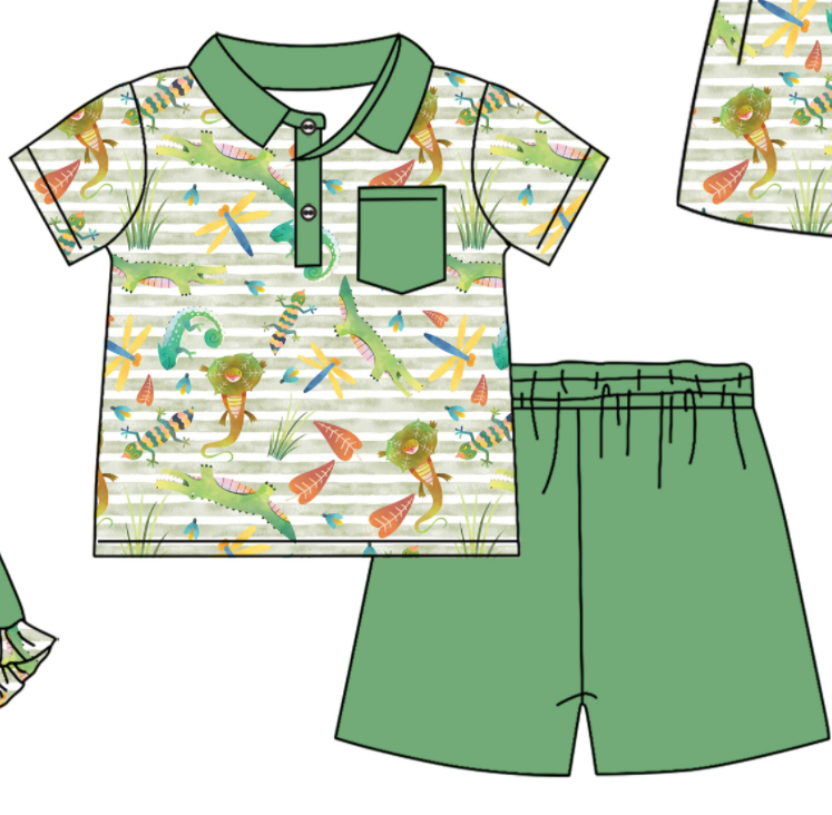 Baby Boy Girl Animals Sibling Matching Green Dress Romper Clothes Set ( Moq 5 Each style )