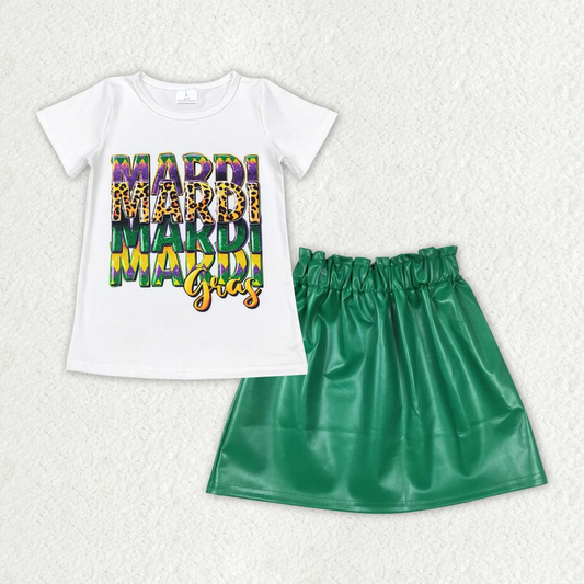 Baby Girl Short Sleeve Mardi Gras Shirt Green Leather Skirt Clothes Set