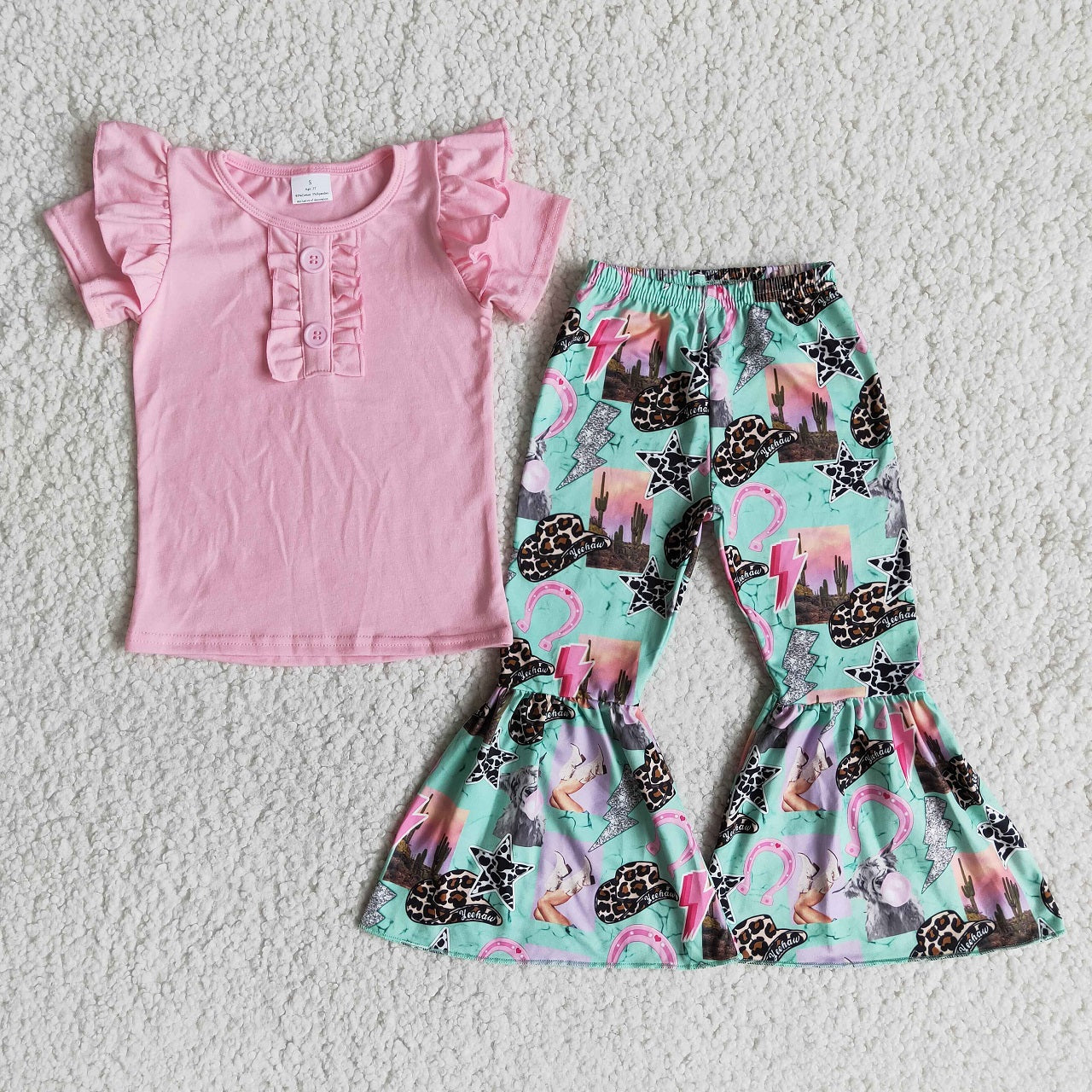 Promotion Baby Girl Short Sleeves Pink Cotton Shirt Western Print Bell Pants Outfit