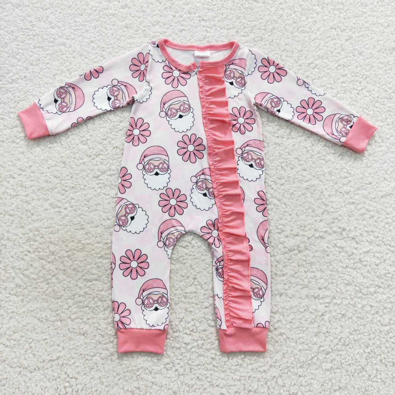 LR0615 Baby Girl Christmas Santa Floral Pink One Piece Romper