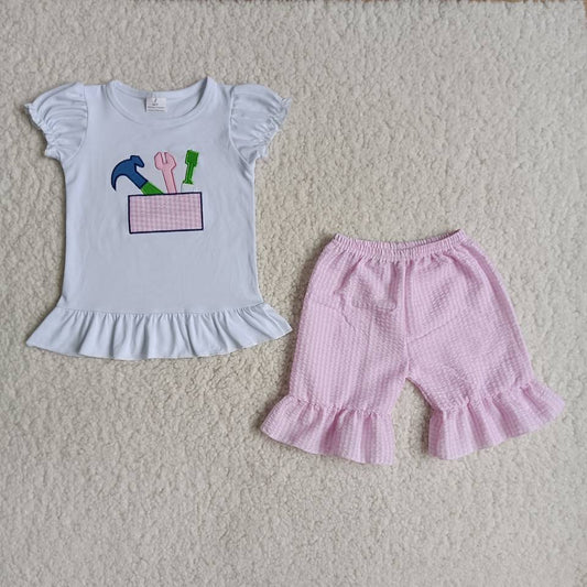 Promotion Baby Girl Short Sleeves Embroidery Tools Shirt Pink Shorts Set