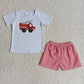Baby Boy Girl Short Sleeves Embroidery Trucks Shirt Shorts Sibling Clothes Set RTS