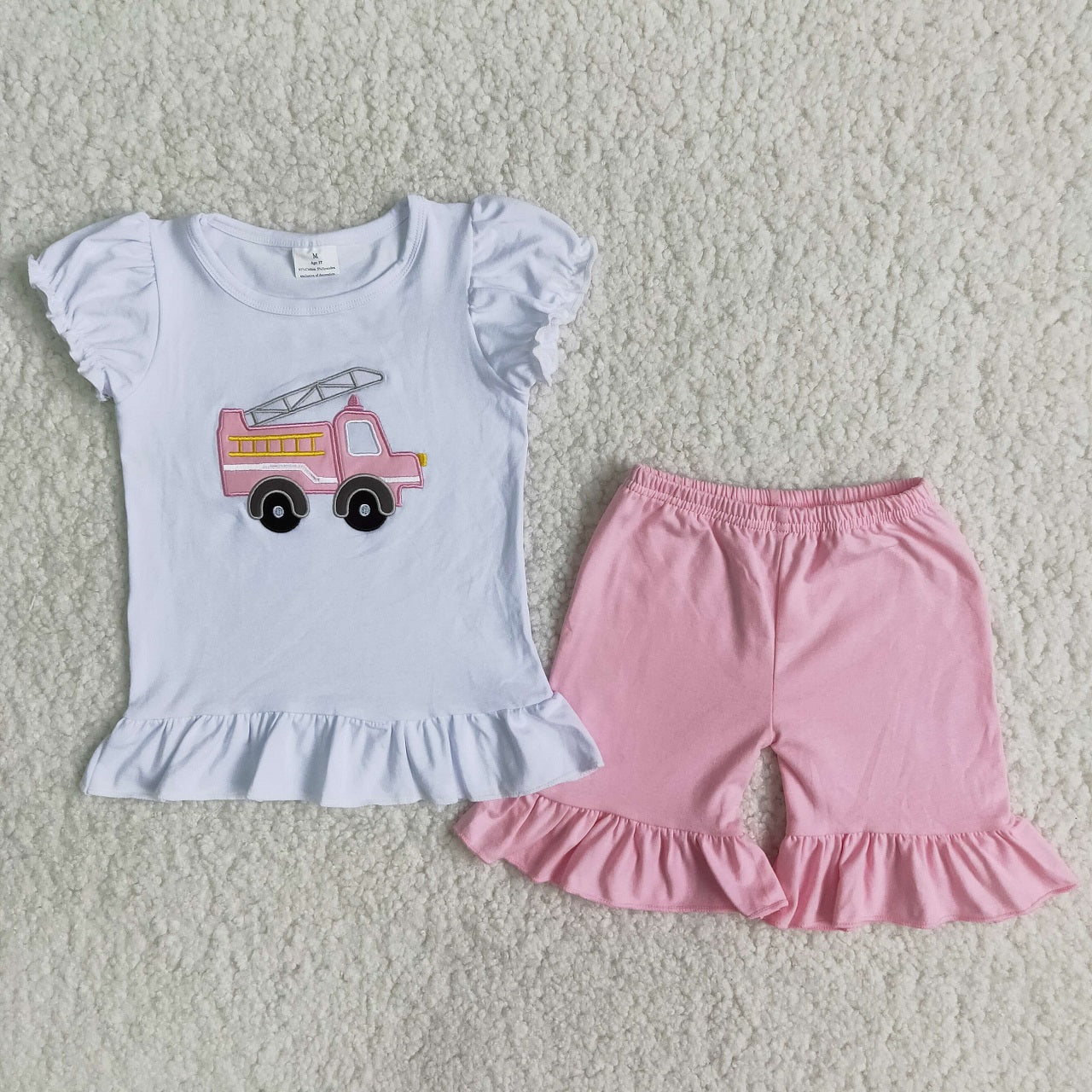 Promotion Baby Girl Embroidery Fire Truck Shirt Pink Cotton Shorts Outfit