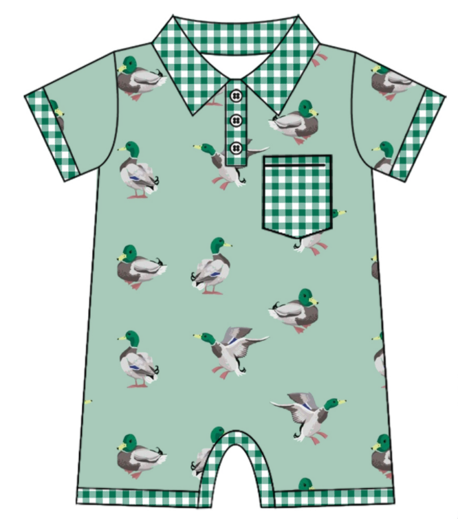 Baby Boy Girl Duck Green Plaid Bows Sibling Matching Dress Romper Clothes Set ( Moq 5 Each style )
